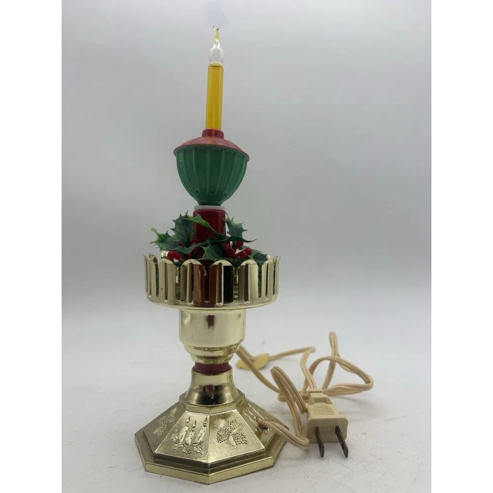 Vintage Christmas Electric Candle Lamp Holly Berries Gold Tone Lighted Decor